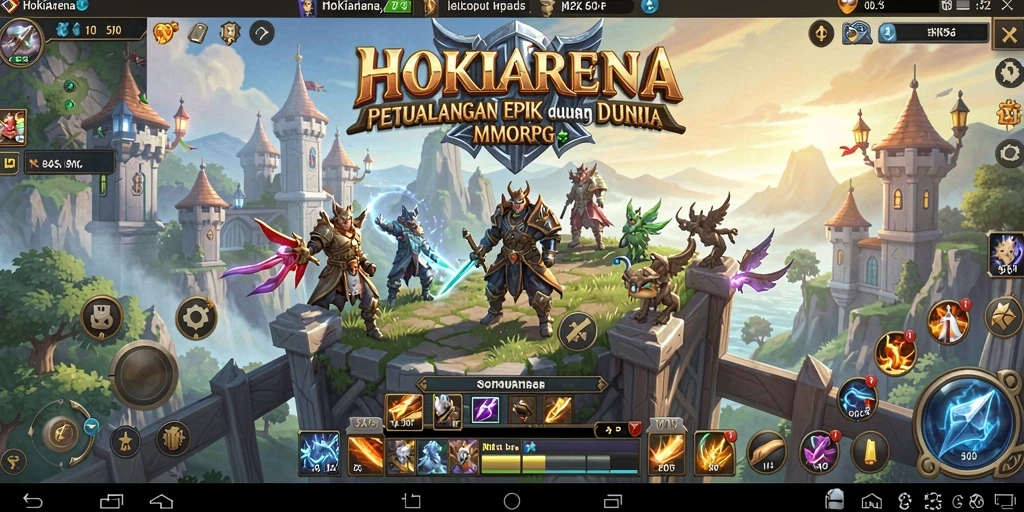 Screenshot utama HOKIARENA menampilkan pertarungan epik di dunia fantasi.