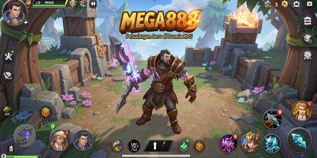 Screenshot utama MEGA888 menampilkan aksi pertempuran intens dalam dunia RPG.