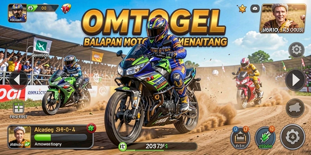 Gameplay seru OMTOGEL dengan balapan motor yang mendebarkan.