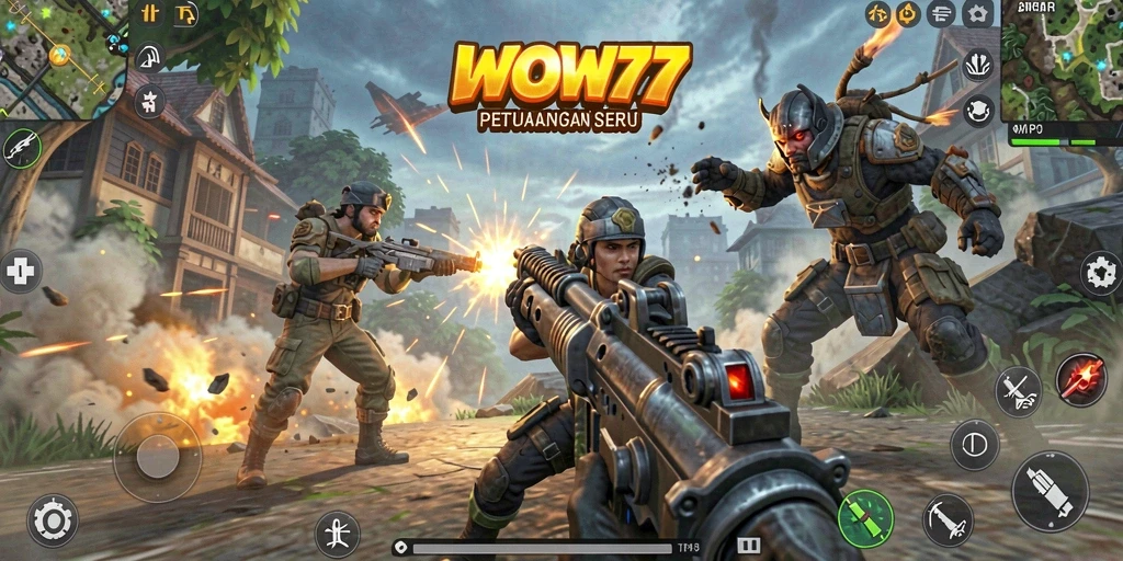 Tampilan gameplay intens dari WOW77 dalam pertempuran TPS.